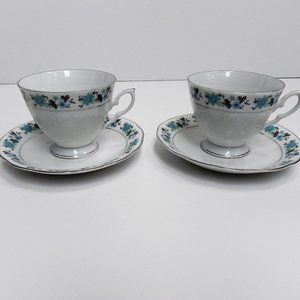 Collectable Vintage 2 Yong Sheng Porcelain Cup & Saucer Blue Flower Silver Trim